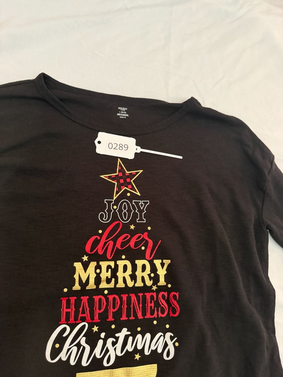Holiday Time Women’s Large Christmas Graphic Black Thermal LS Top 12-14 12