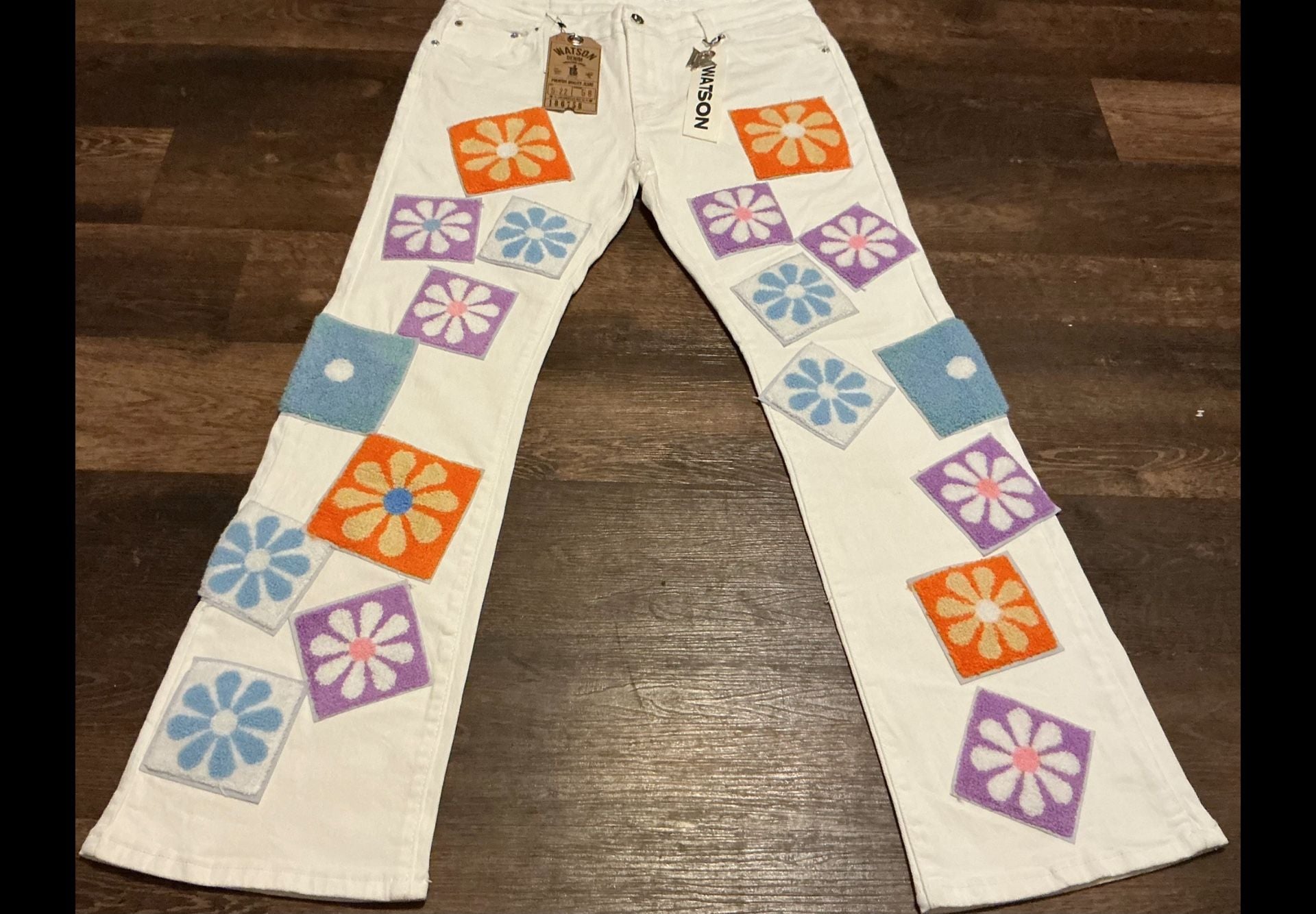 Watson Denim Floral Chenille Patchwork White Jeans 3