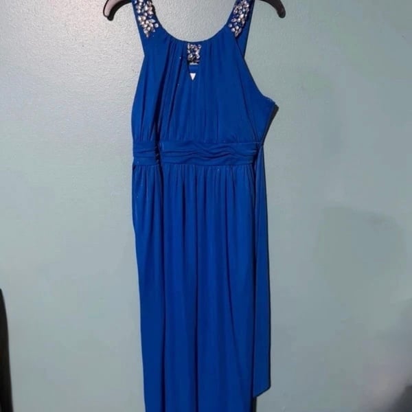 Rare Editions Dress Size 16 Blue Chiffon Embellished High-Low