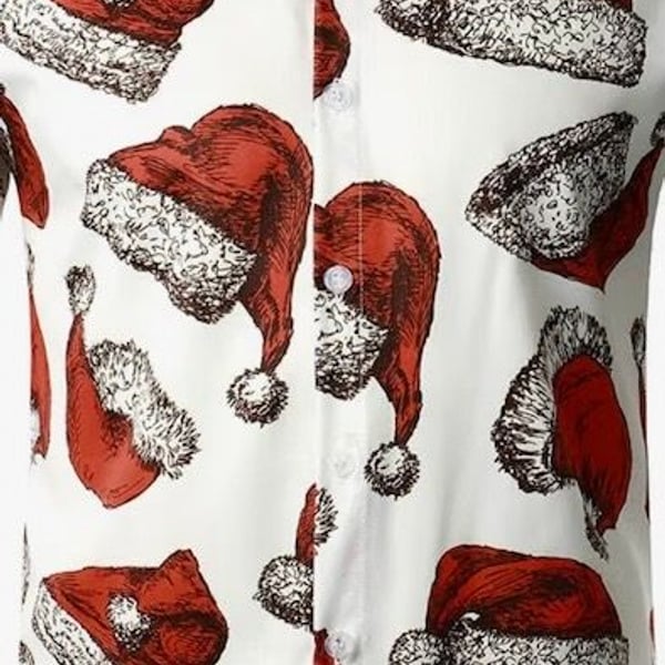 JOGAL Christmas Santa Hat Print Button-Up Shirt Size S White Red