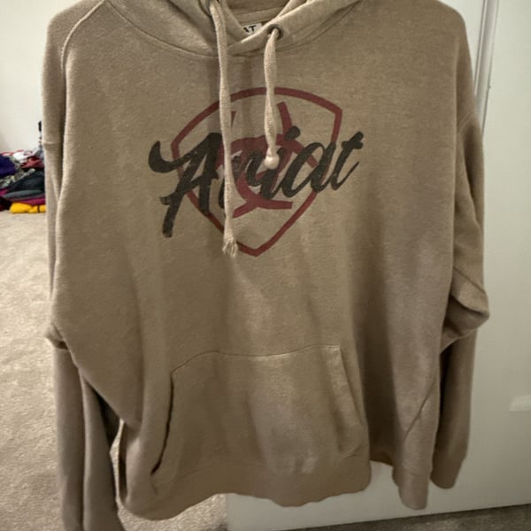 Ariat Real Hoodie Size L Tan Graphic Logo Pullover Sweatshirt
