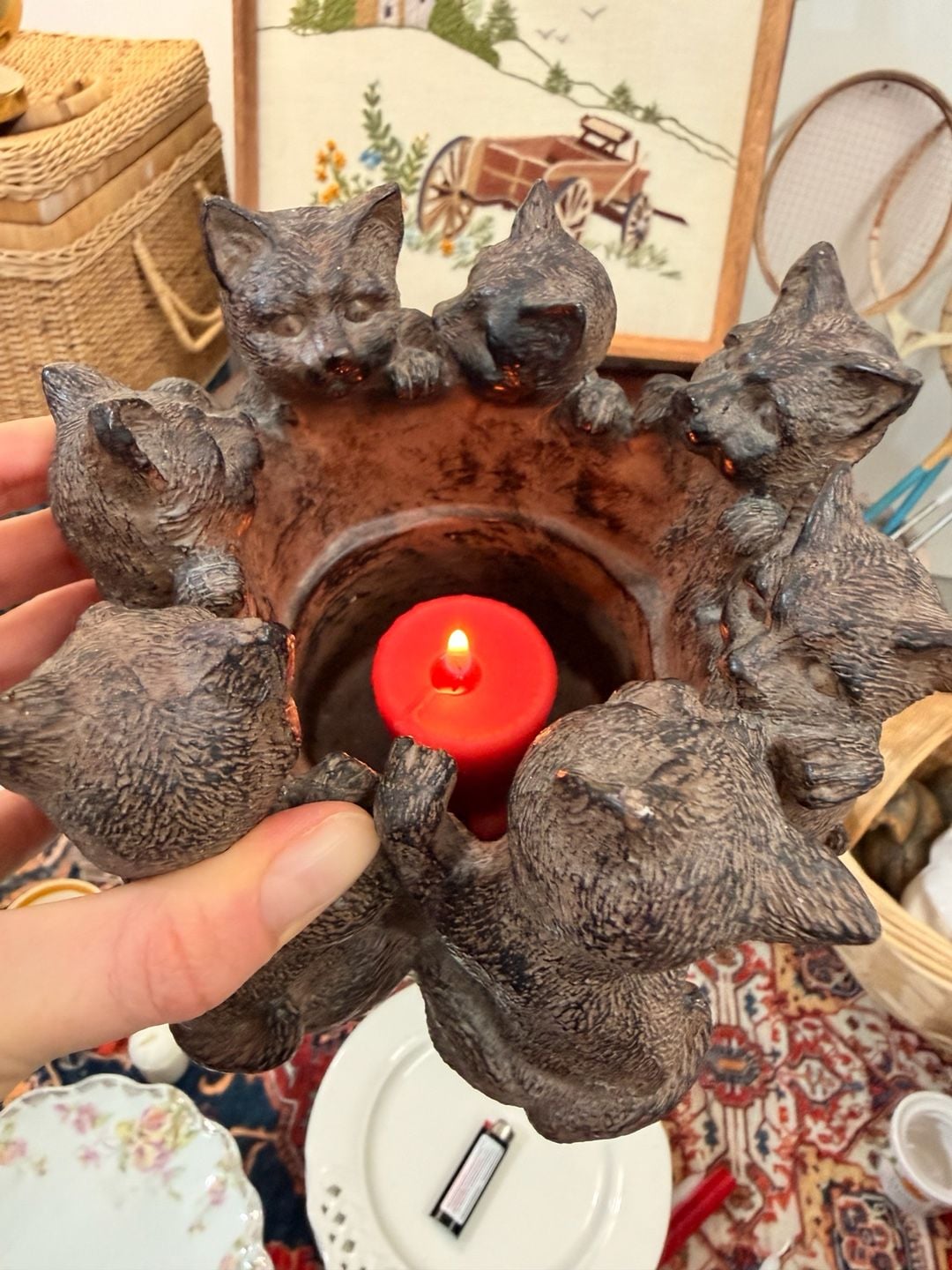 Circle Of Cats Votive Tea Light Candle Holder Statue Cute Cottage Home Decor 5
