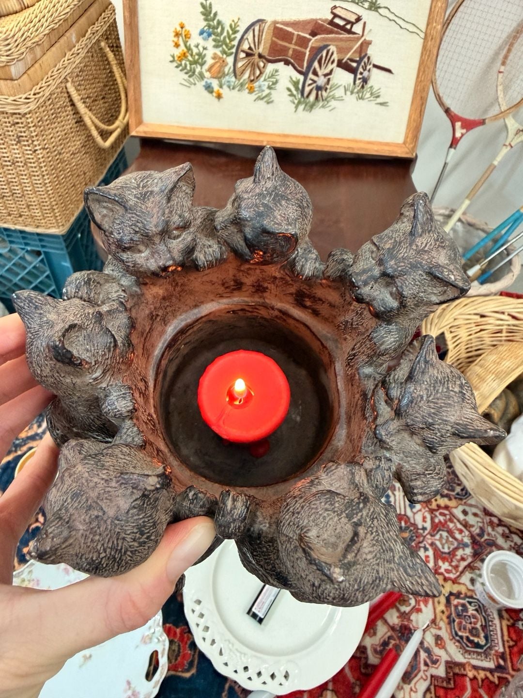 Circle Of Cats Votive Tea Light Candle Holder Statue Cute Cottage Home Decor 6