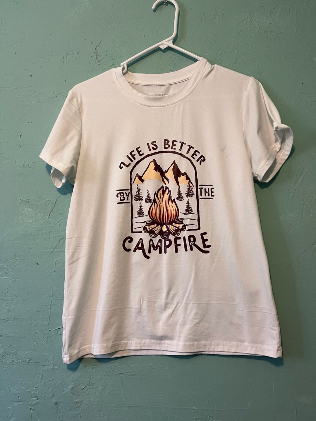 Shein Campfire Graphic T-Shirt Size M White 2