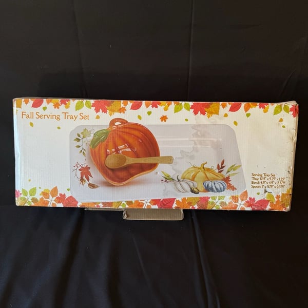 Fall Serving Tray Set Pumpkin Bowl Wooden Spreader Thanksgiving 3-Piece