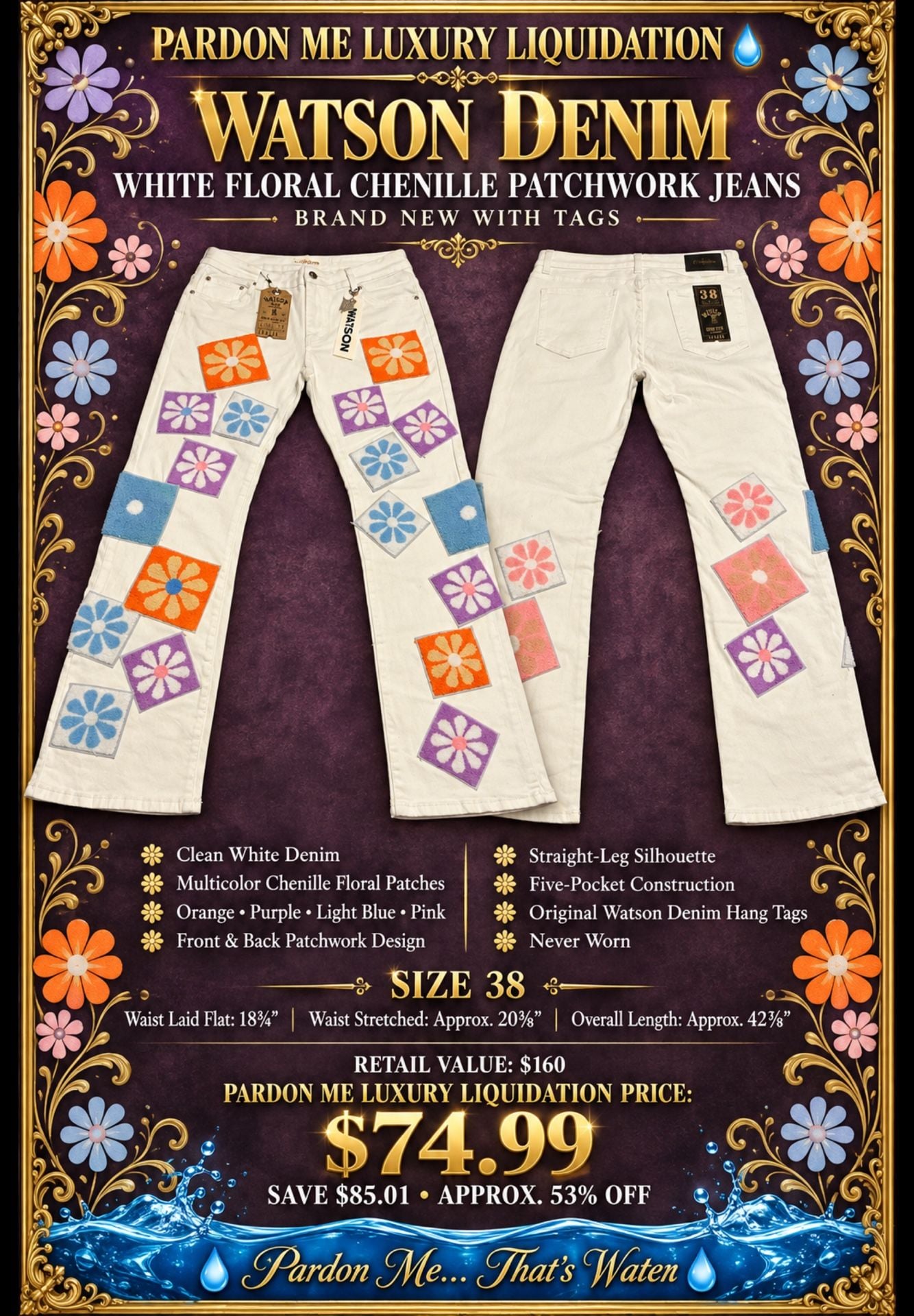 Watson Denim Floral Chenille Patchwork White Jeans 2
