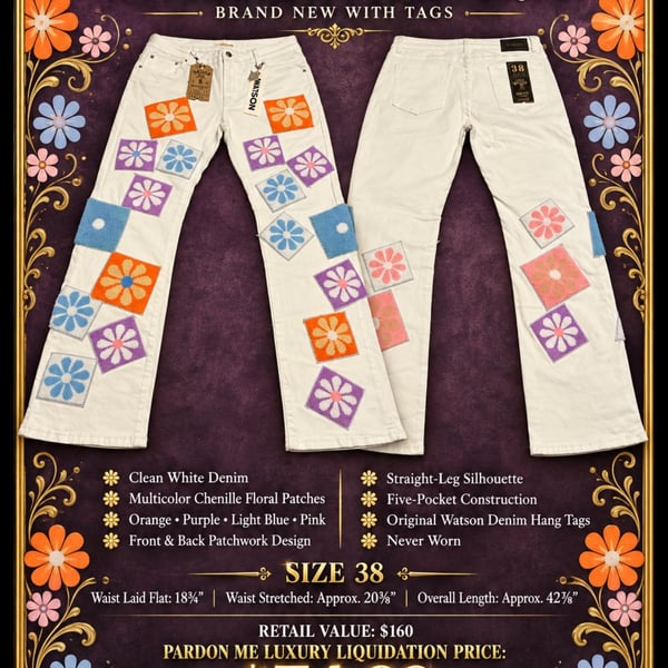 Watson Denim Floral Chenille Patchwork White Jeans