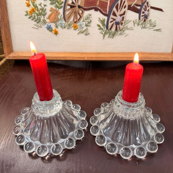Vintage MCM Classy Glass Boopie Candlestick Tea light Holders Anchor Hocking