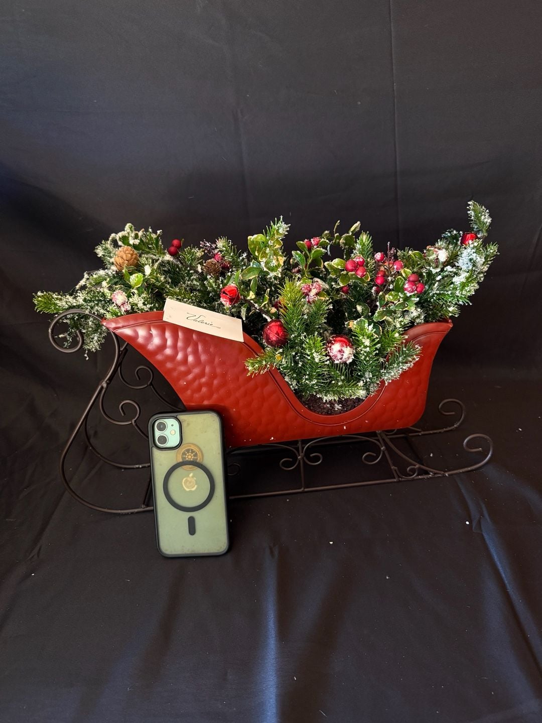 Valerie Metal Sleigh Centerpiece With Christmas Florals And Pinecones 3