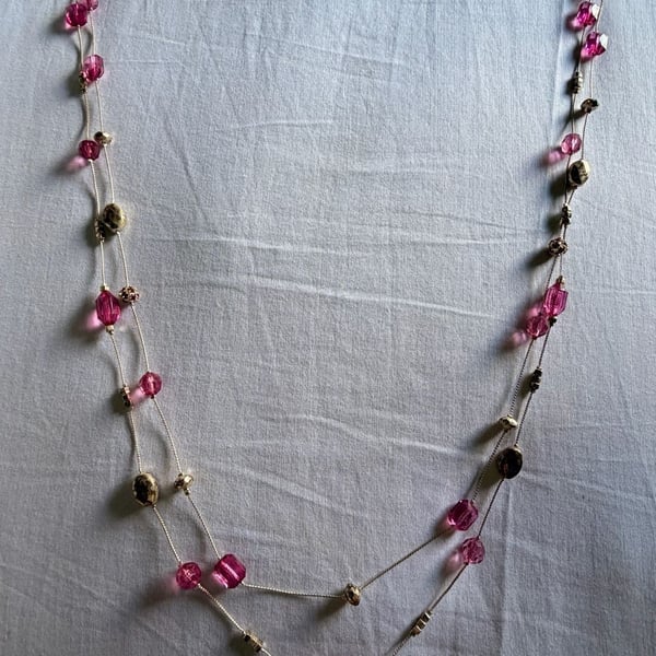 Unbranded Multi-Strand Pink Bead Gold Tone Necklace
