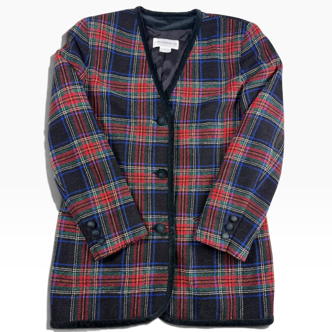 Liz Claiborne Collection Blazer Tartan Plaid Wool Blend Velvet Trim Size 8 2