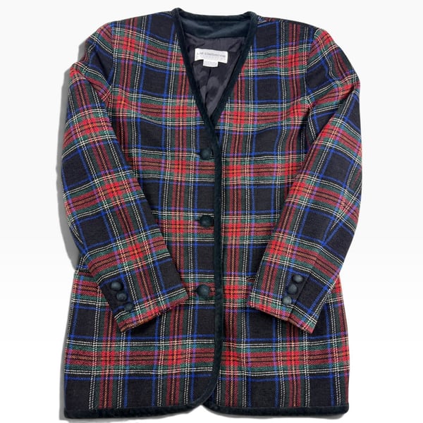 Liz Claiborne Collection Blazer Tartan Plaid Wool Blend Velvet Trim Size 8