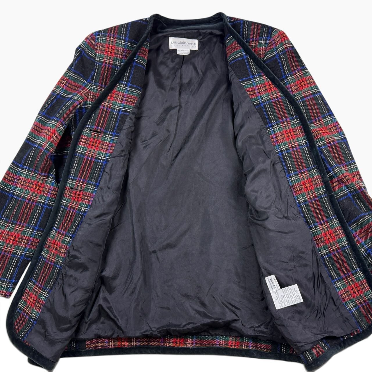 Liz Claiborne Collection Blazer Tartan Plaid Wool Blend Velvet Trim Size 8 4