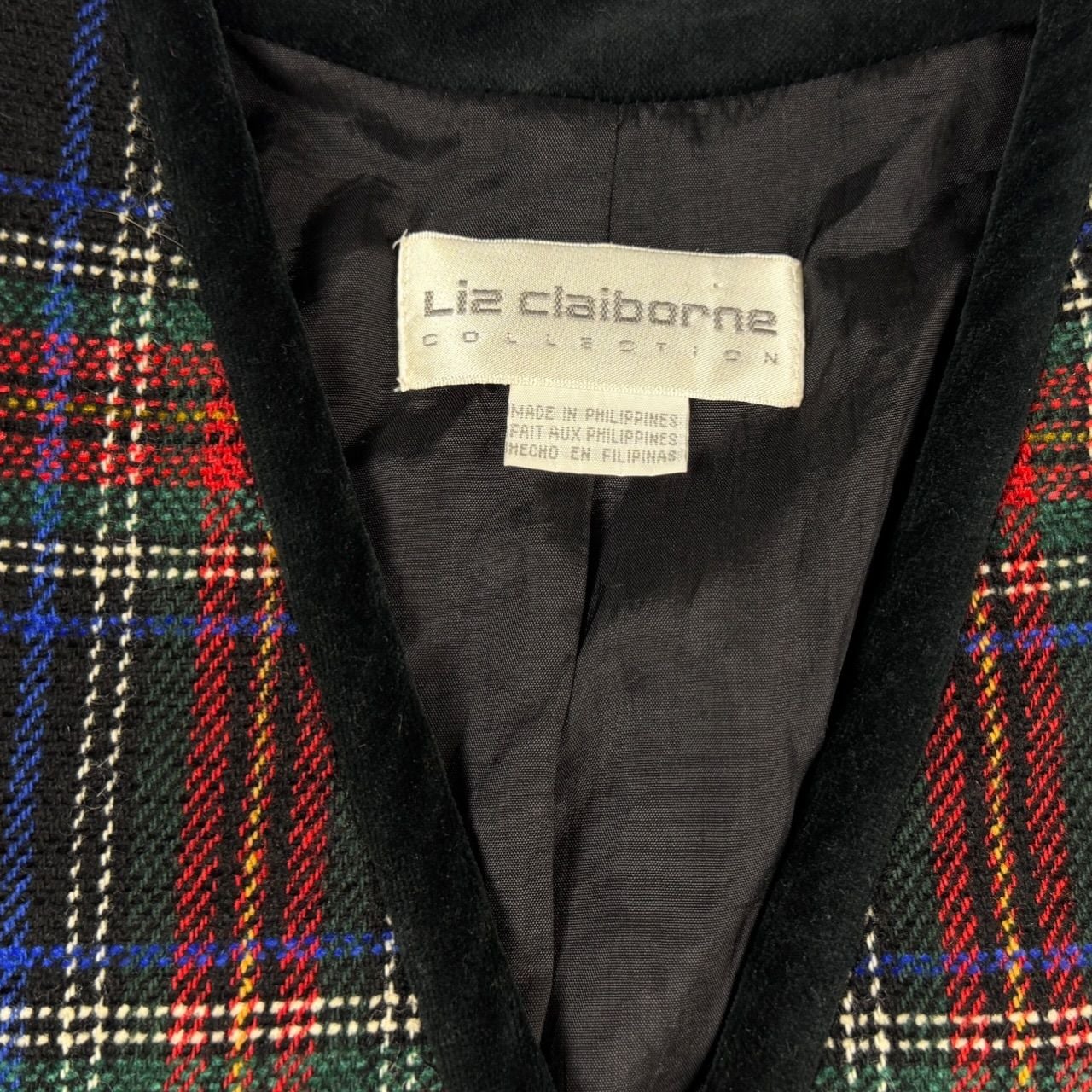 Liz Claiborne Collection Blazer Tartan Plaid Wool Blend Velvet Trim Size 8 10