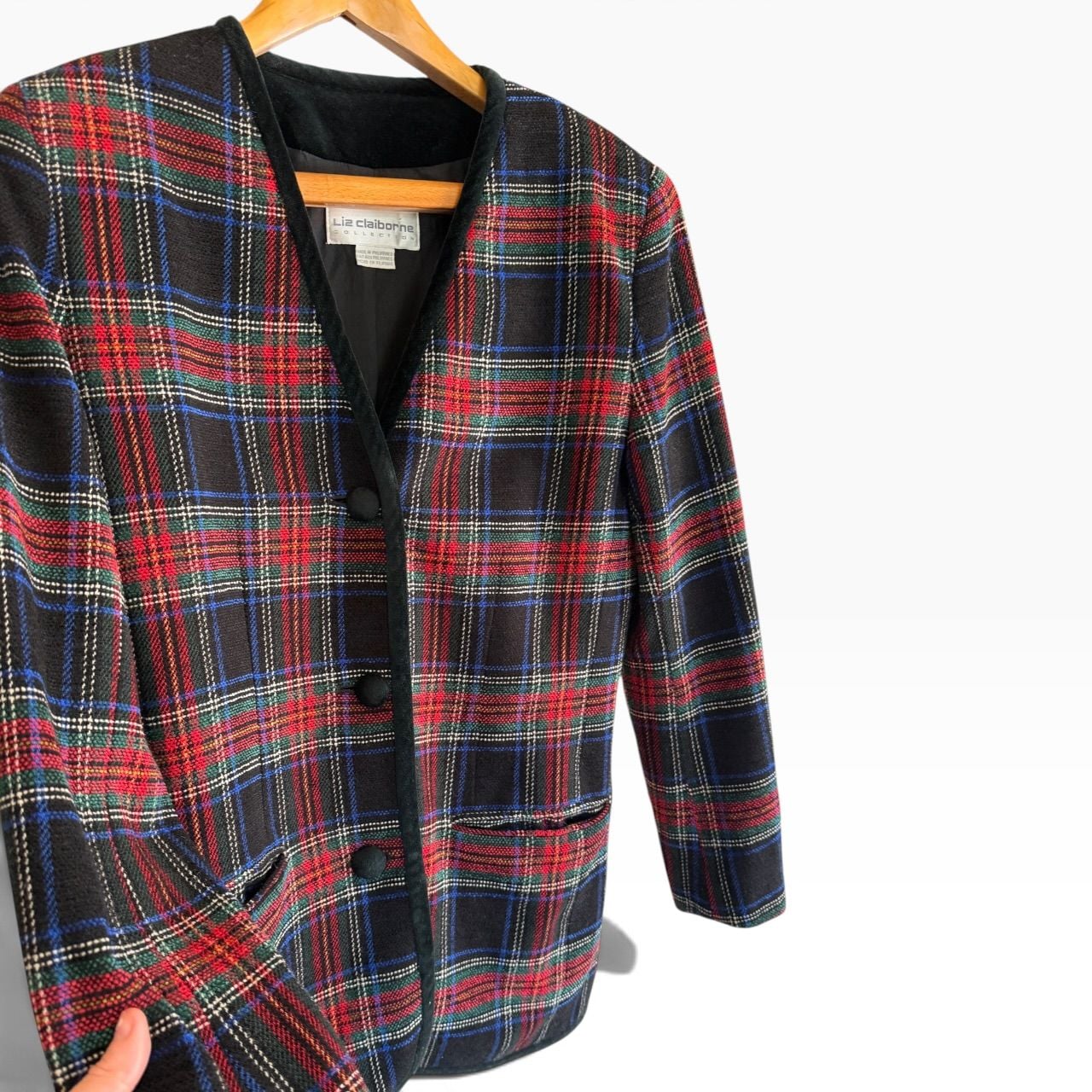 Liz Claiborne Collection Blazer Tartan Plaid Wool Blend Velvet Trim Size 8 8