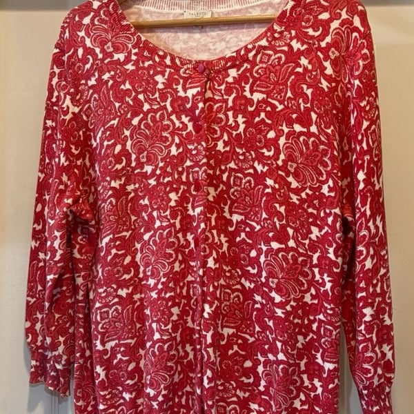 Talbots Cardigan Size XL Red White Floral Cotton