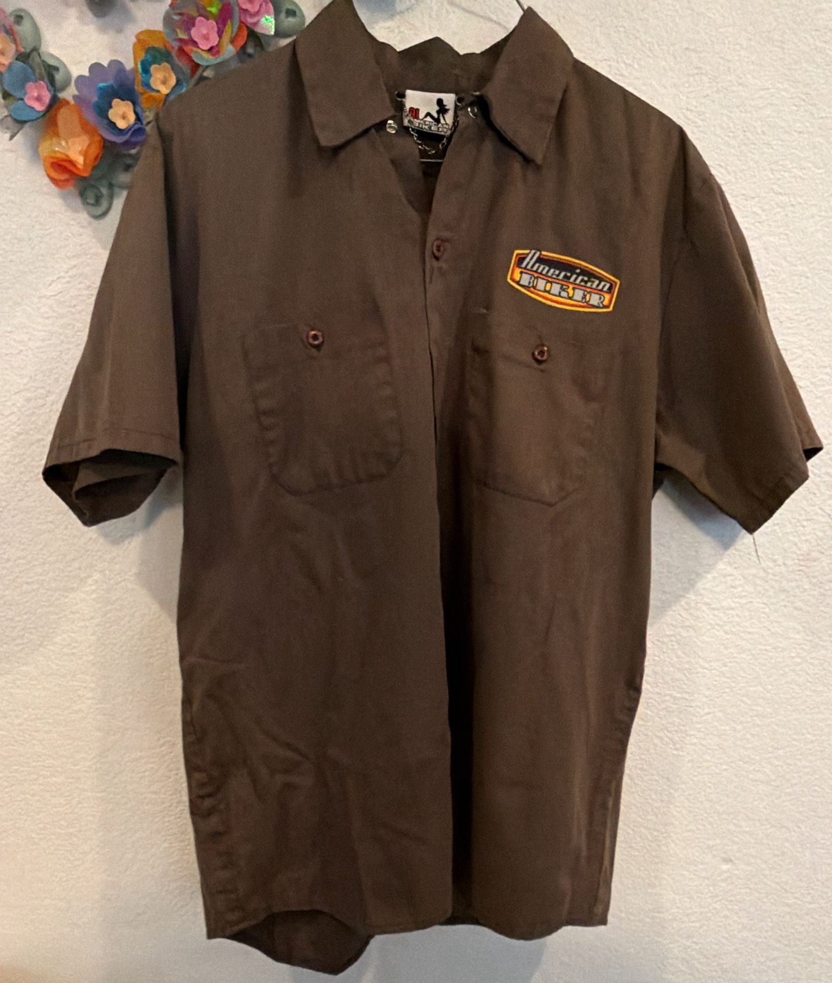 91 American Biker Work Shirt Size M Brown Pinup Girl Graphic 5