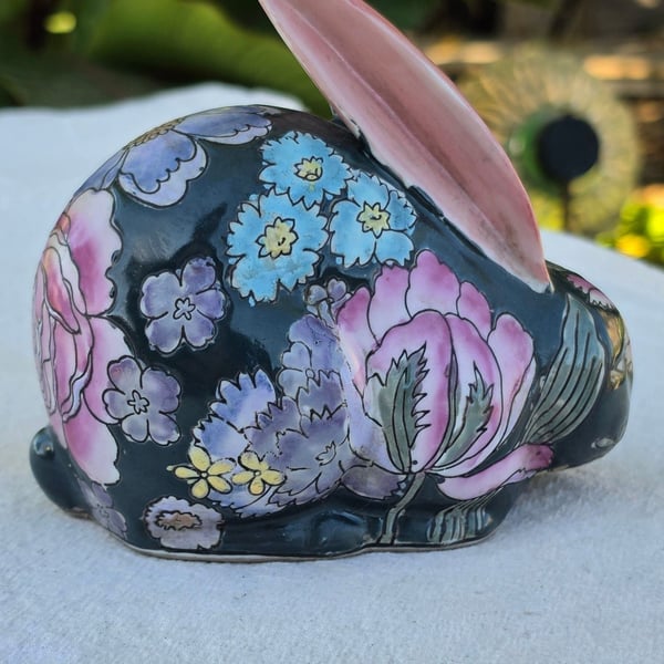 HFP Macau Hand Painted Porcelain Floral Bunny Rabbit Figurine