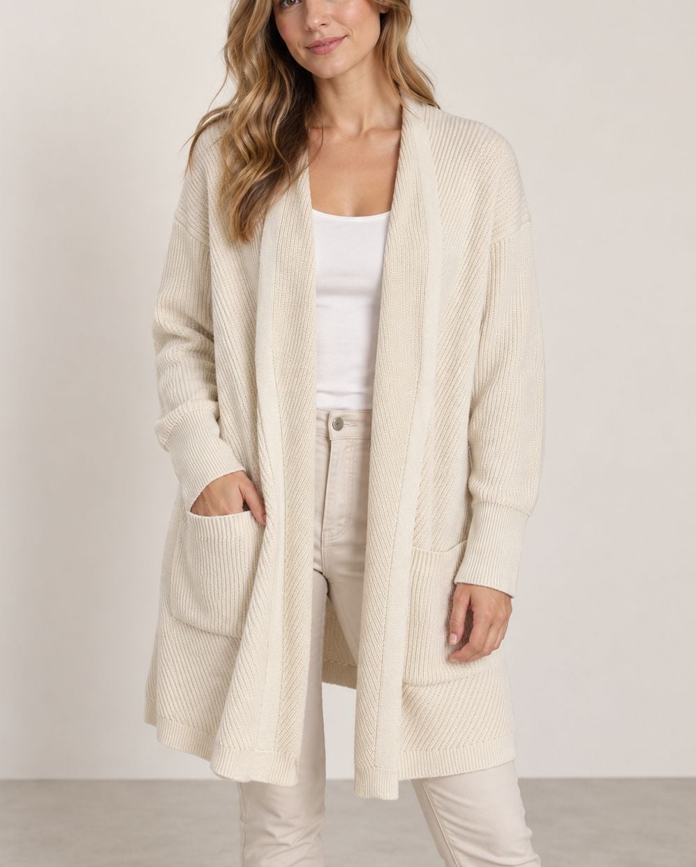 LL Bean ivory longline rib knit duster cardigan M 5