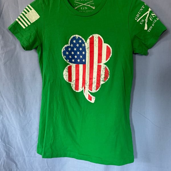 Grunt Style American Flag Clover Shamrock T-Shirt, Size Small, Green