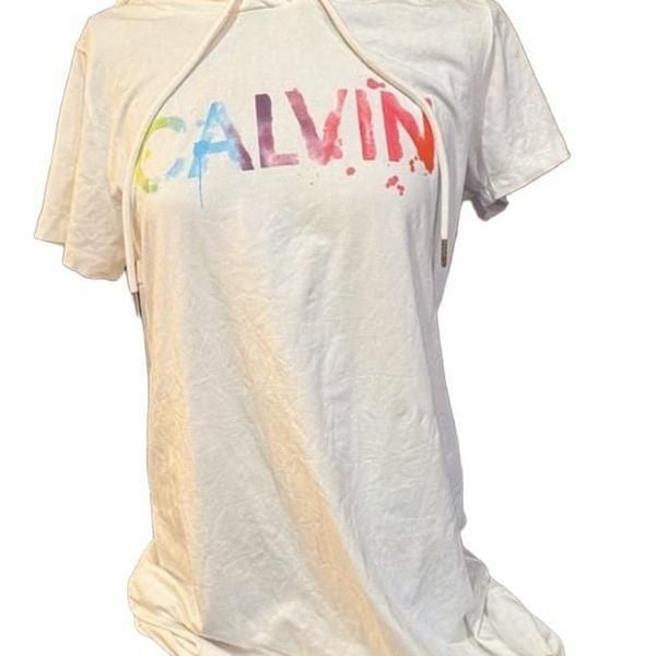 Calvin Klein Short Sleeve Hoodie Dress White Rainbow Logo