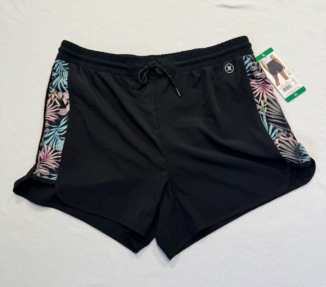 Hurley Women’s XL Black Palm Print Running Shorts Built-In Brief NWT 2