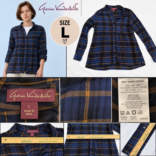 Gloria Vanderbilt Plaid Flannel Shirt Size L Blue Yellow Long Sleeve