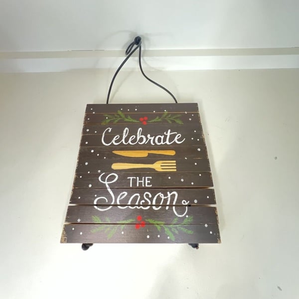 Reversible Bamboo Trivet Celebrate The Season Christmas Hot Pad.  