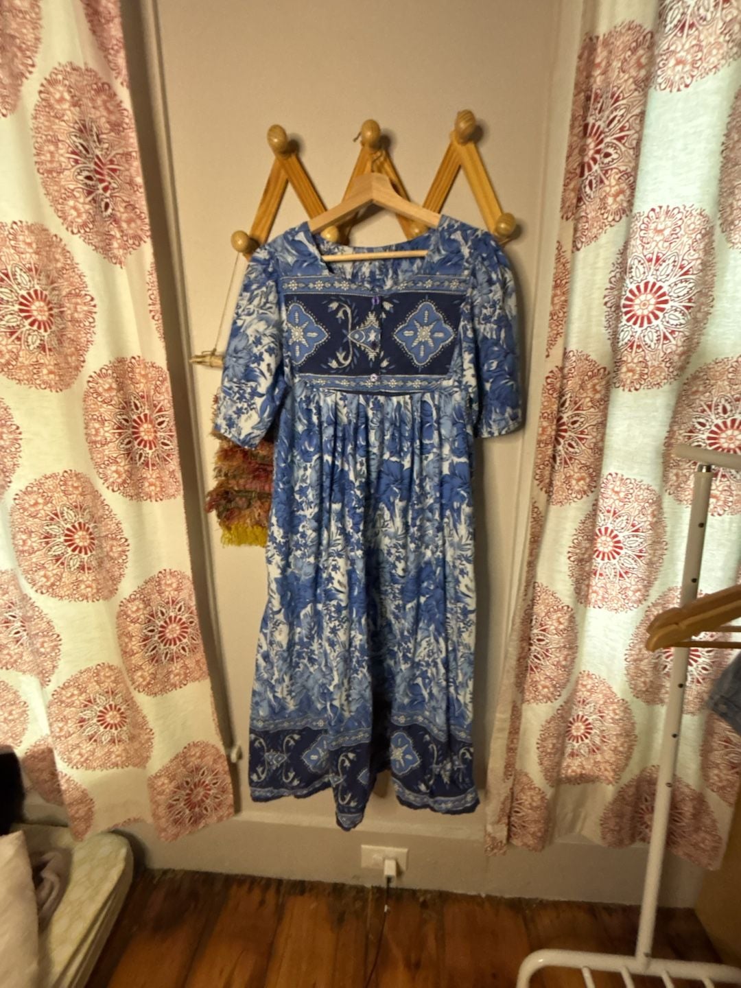 Vintage Blue White Floral Midi Dress Square Neck Cottagecore Boho 2