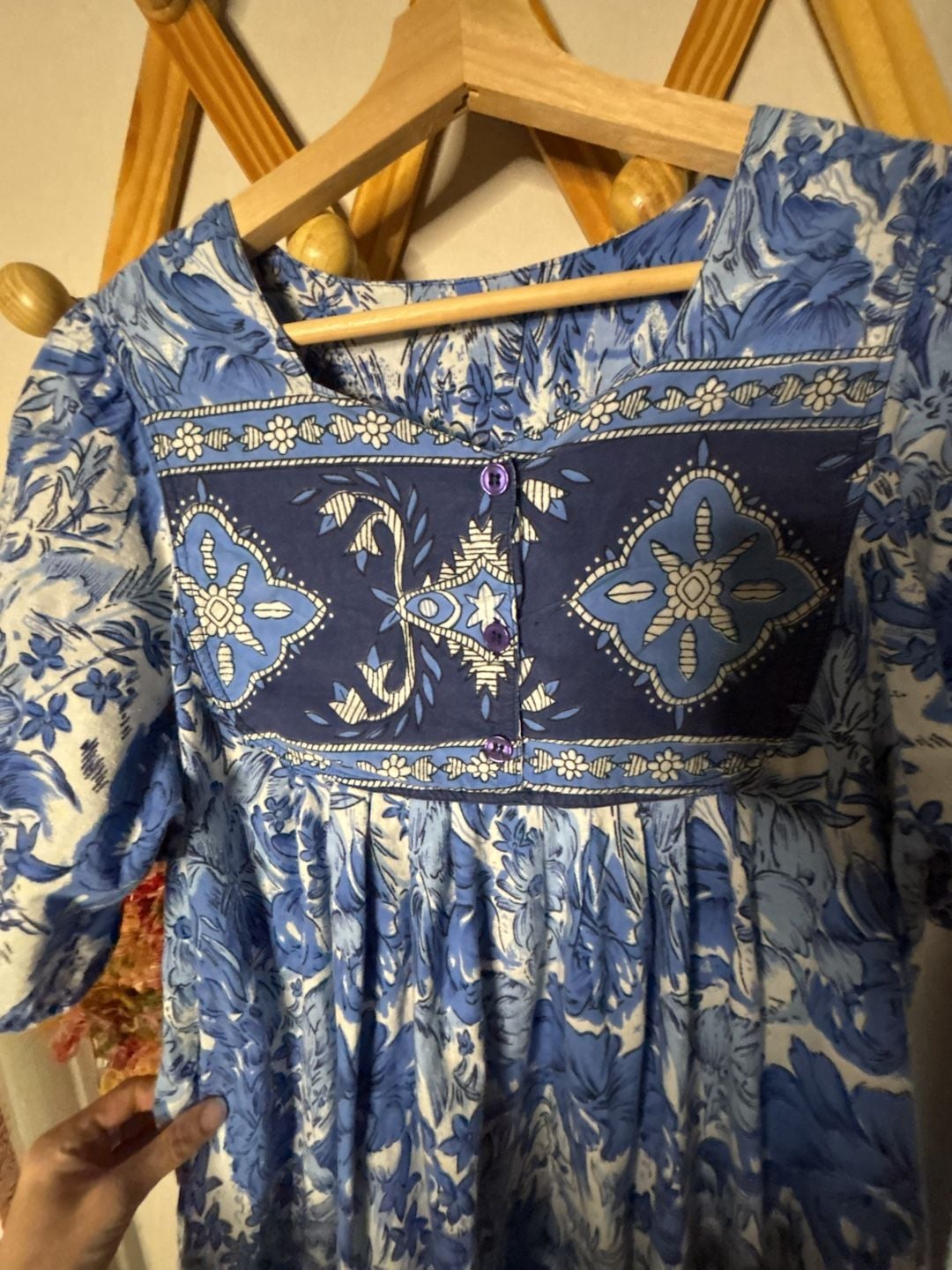 Vintage Blue White Floral Midi Dress Square Neck Cottagecore Boho 3