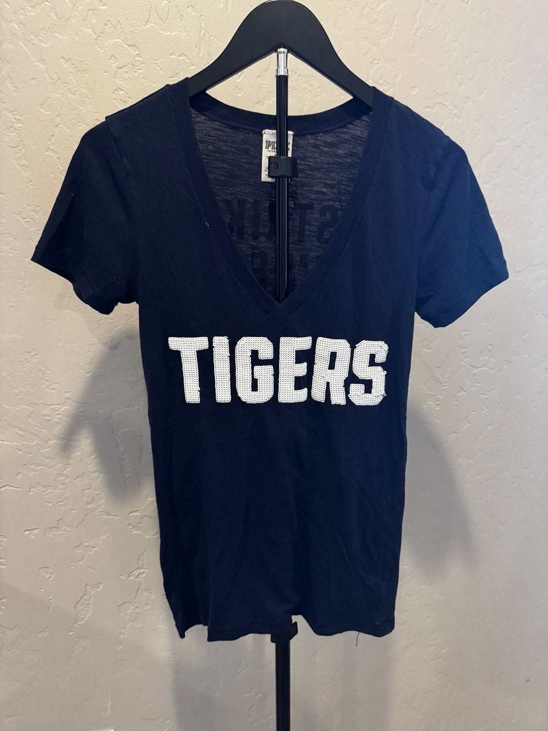 Pink Victoria's Secret Tigers Size S Sequin T-Shirt Navy 2