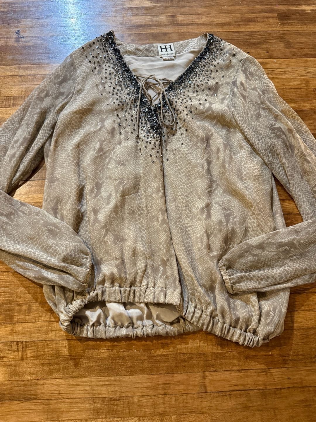 Haute Hippie Silk Blouse Size M Beaded Snakeskin Print (q1) 3
