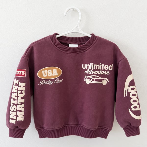 Zara Graphic Print Sweatshirt Size 3 Years 98cm Burgundy Racing Crew