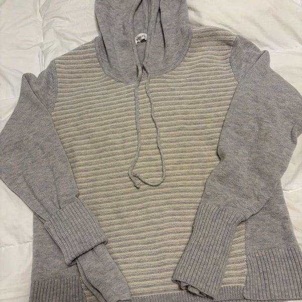 Athleta Noe Wool Hooded Sweater Size L Gray Striped Merino