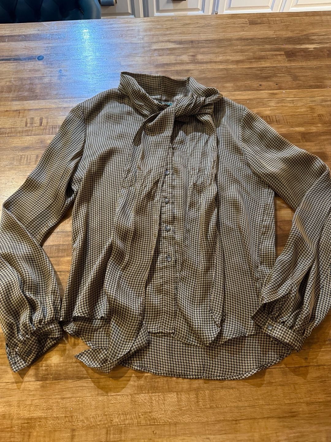 Lauren Ralph Lauren Sz 4 Houndstooth Tie Neck Blouse Silk (q1) 3