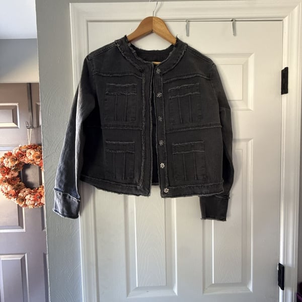 Evereve Denim Jacket Size XS Black Utility Distressed Button Front