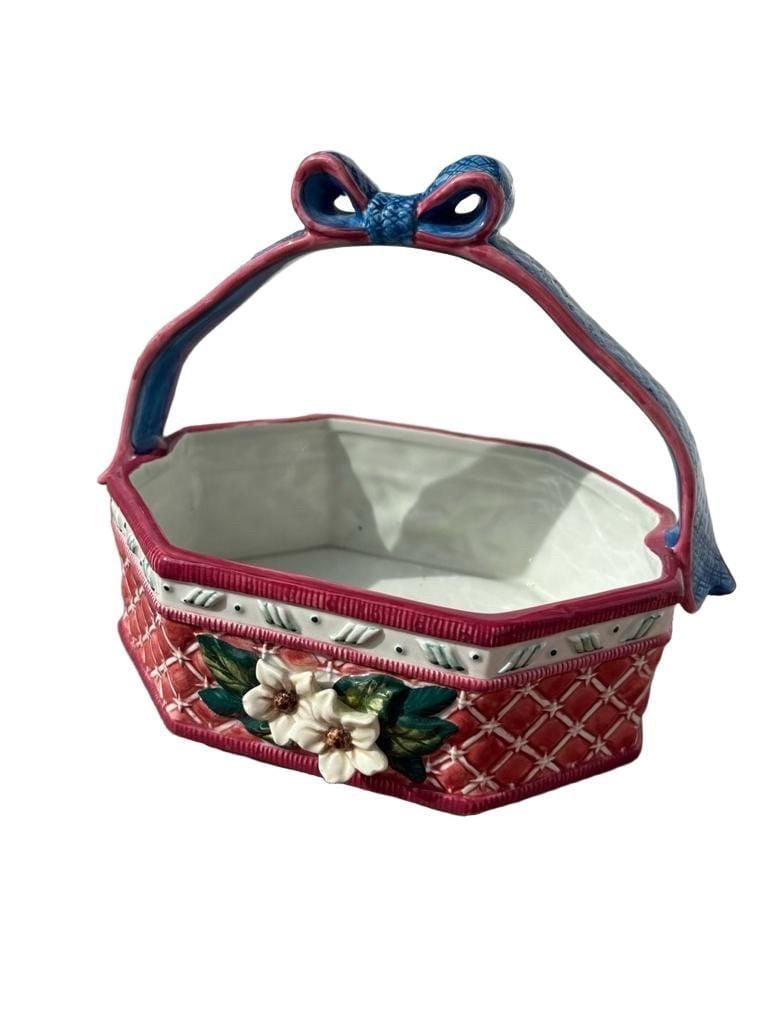 New Deb Co Ceramic Hexagon Basket With Handle And White Flowers 1998 1