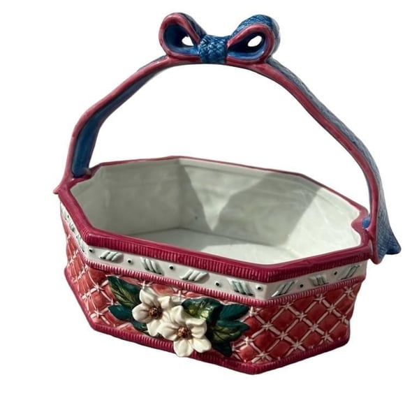 New Deb Co Ceramic Hexagon Basket With Handle And White Flowers 1998