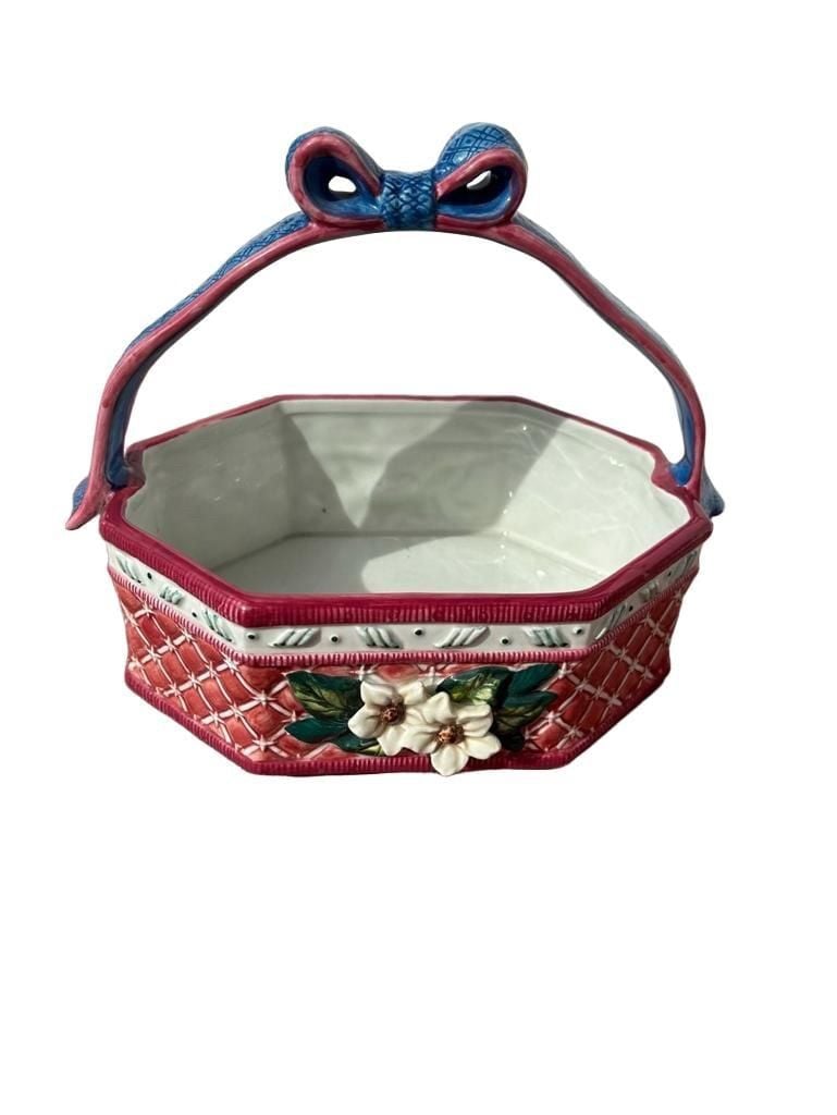 New Deb Co Ceramic Hexagon Basket With Handle And White Flowers 1998 2