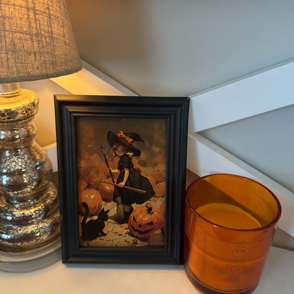 Vintage Style Halloween Witch And Cat Framed Art