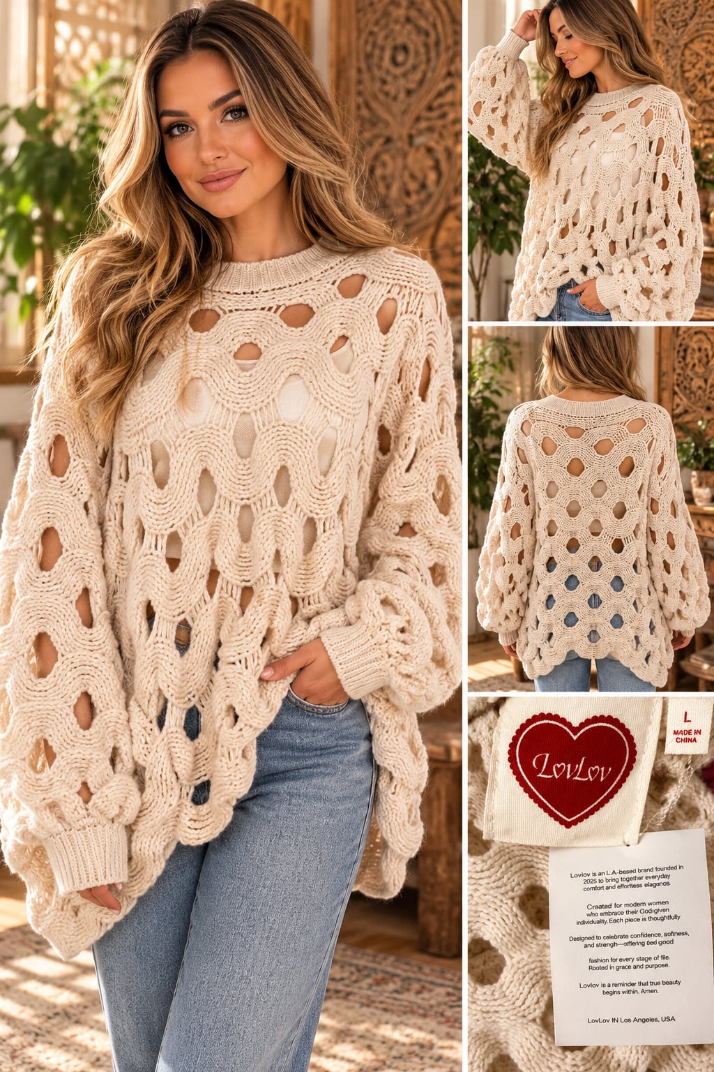 LovLov Chunky Crochet Knit Sweater Size L Beige Cut Out Pullover 2