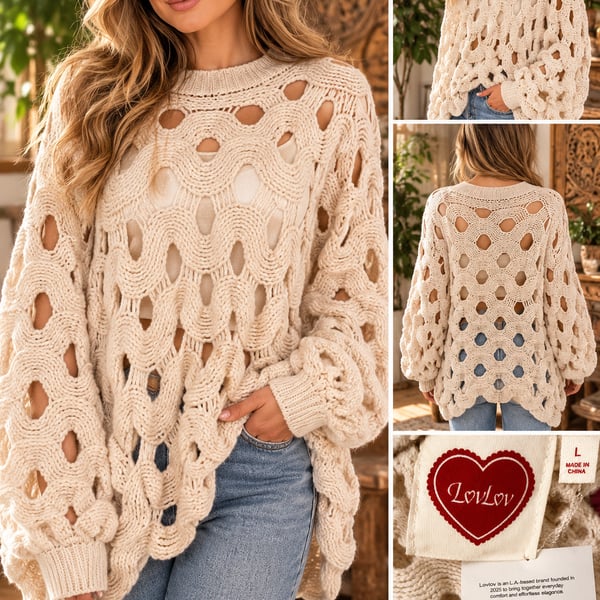 LovLov Chunky Crochet Knit Sweater Size L Beige Cut Out Pullover