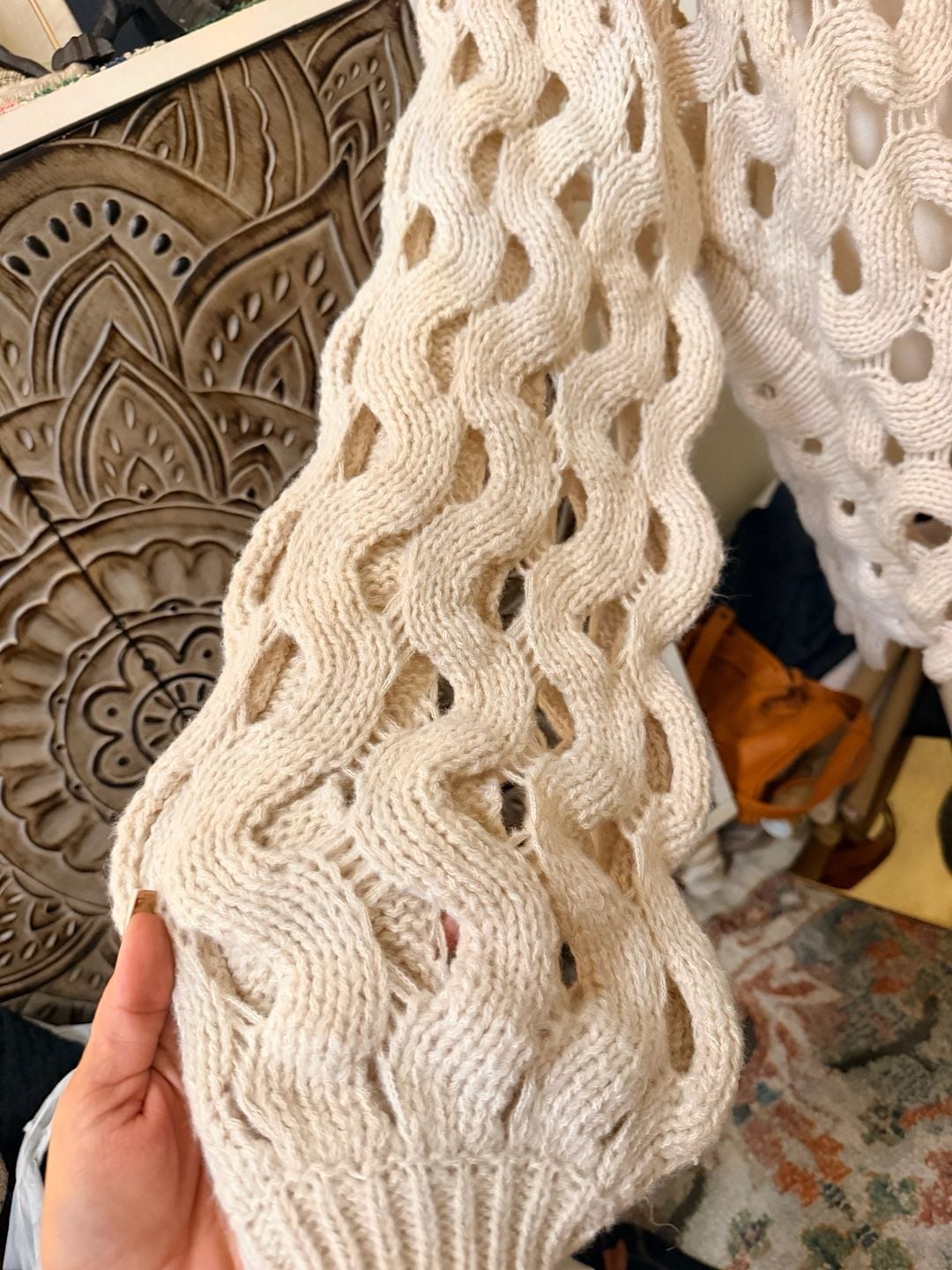 LovLov Chunky Crochet Knit Sweater Size L Beige Cut Out Pullover 4