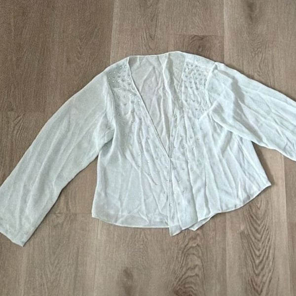 White Open Front Rhinestone Embellished Shrug Cardigan