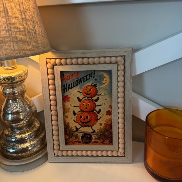 Vintage Style Halloween Pumpkin Beaded Framed Art