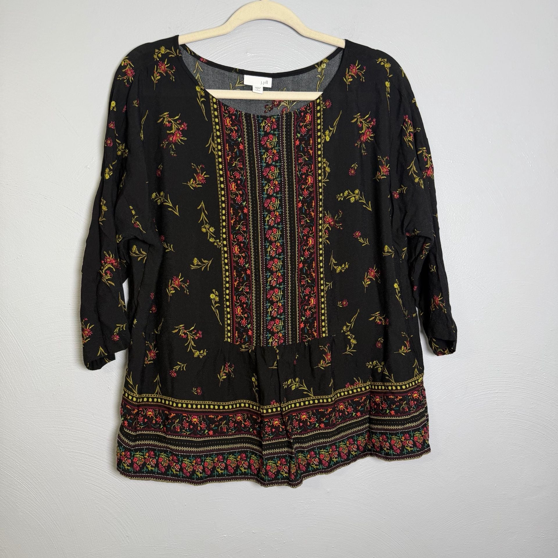 J.Jill Floral Blouse Size L Petite Black Rayon Peasant Top 2