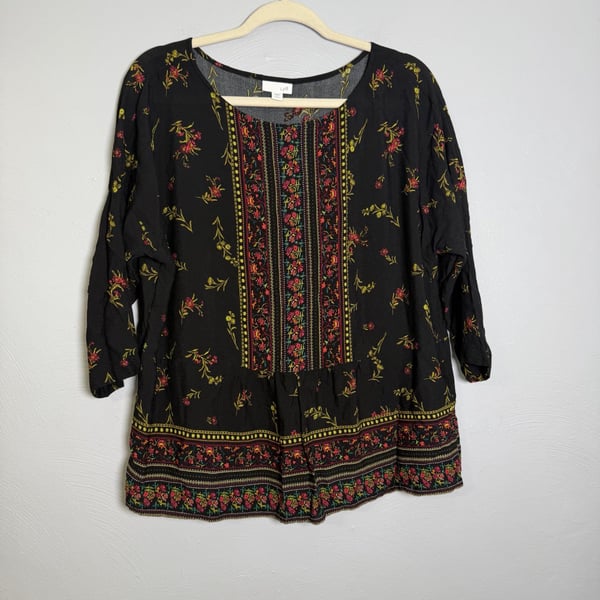J.Jill Floral Blouse Size L Petite Black Rayon Peasant Top