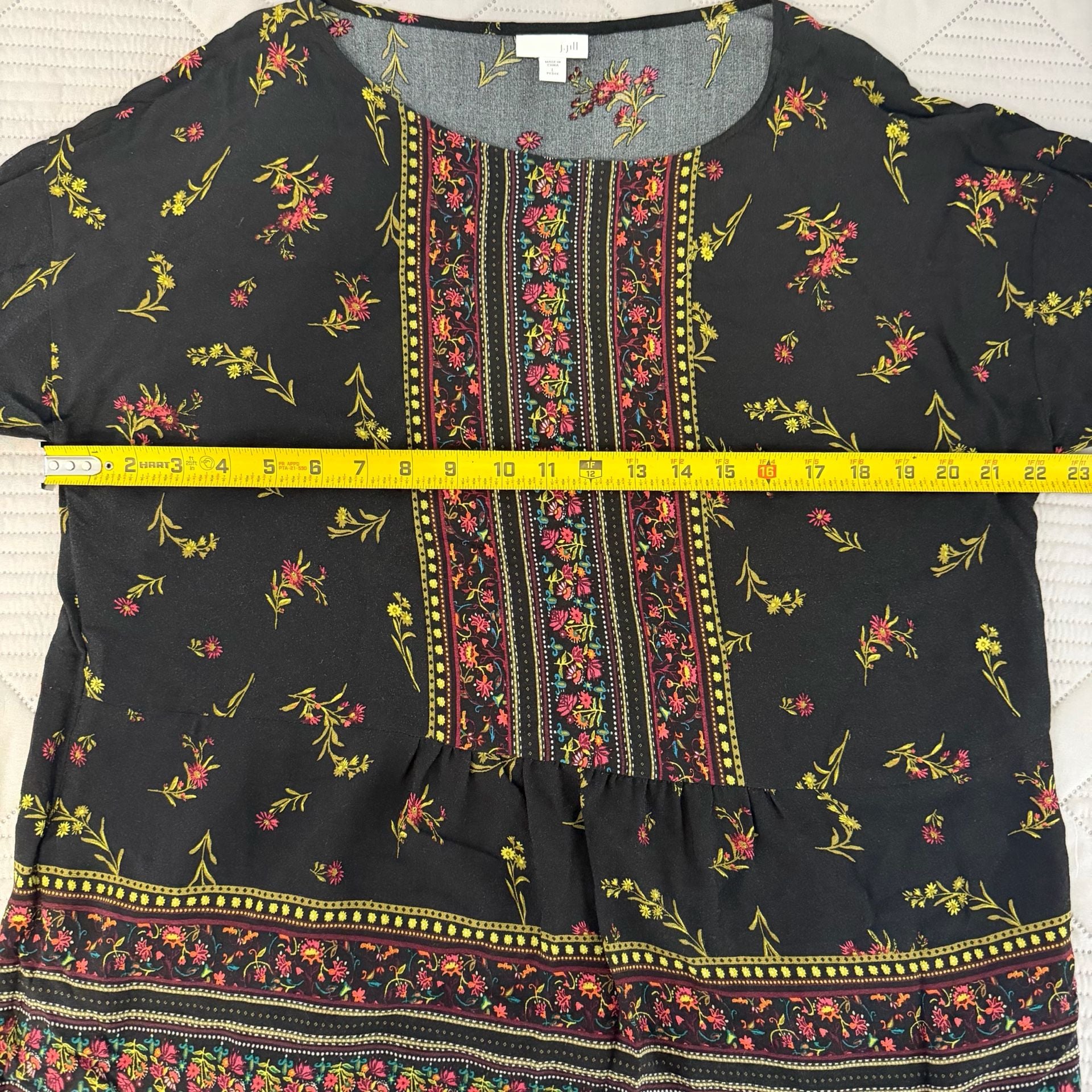 J.Jill Floral Blouse Size L Petite Black Rayon Peasant Top 4