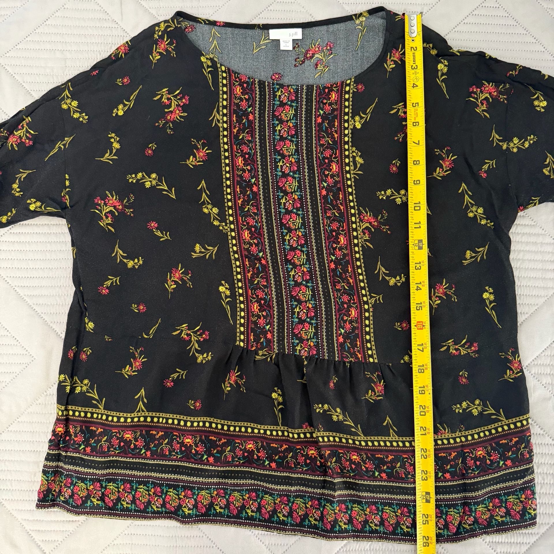 J.Jill Floral Blouse Size L Petite Black Rayon Peasant Top 5