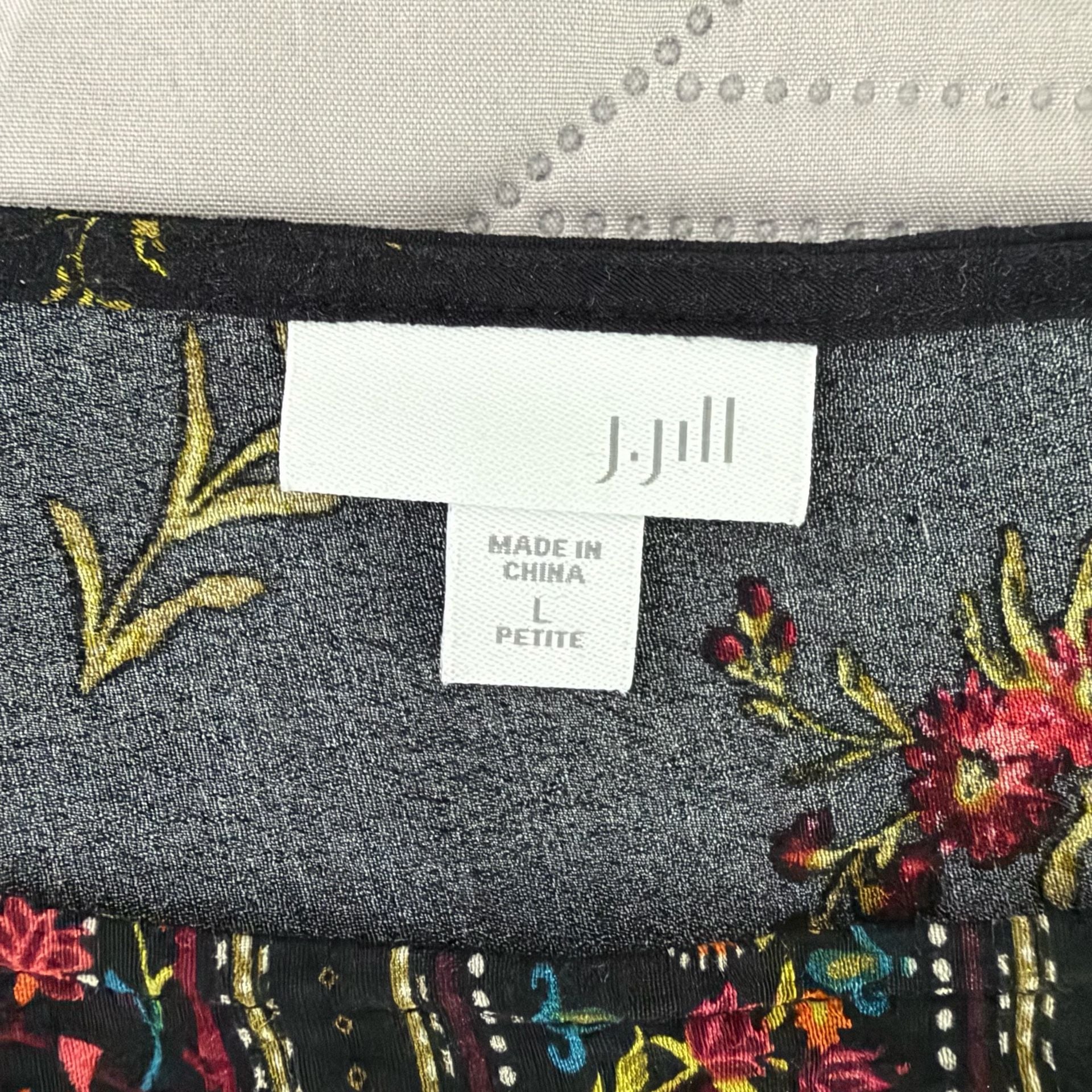 J.Jill Floral Blouse Size L Petite Black Rayon Peasant Top 6